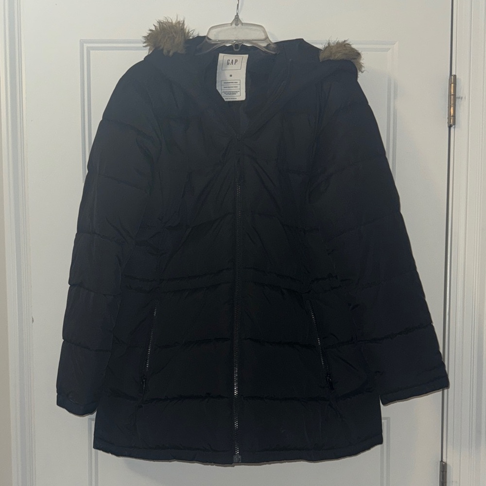 GAP Dark Puffer Coat with Faux Fur Trim